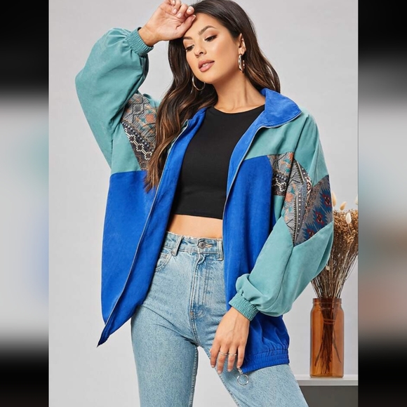SHEIN Jackets & Blazers - SheIn Geo Chevron Panel Zipper Placket Jacket